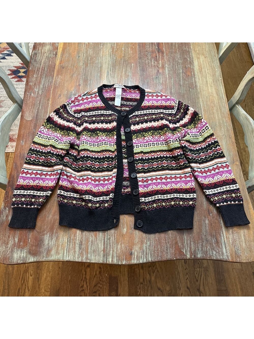 Tiara International Cardigan Large Black Multi Fair Isle